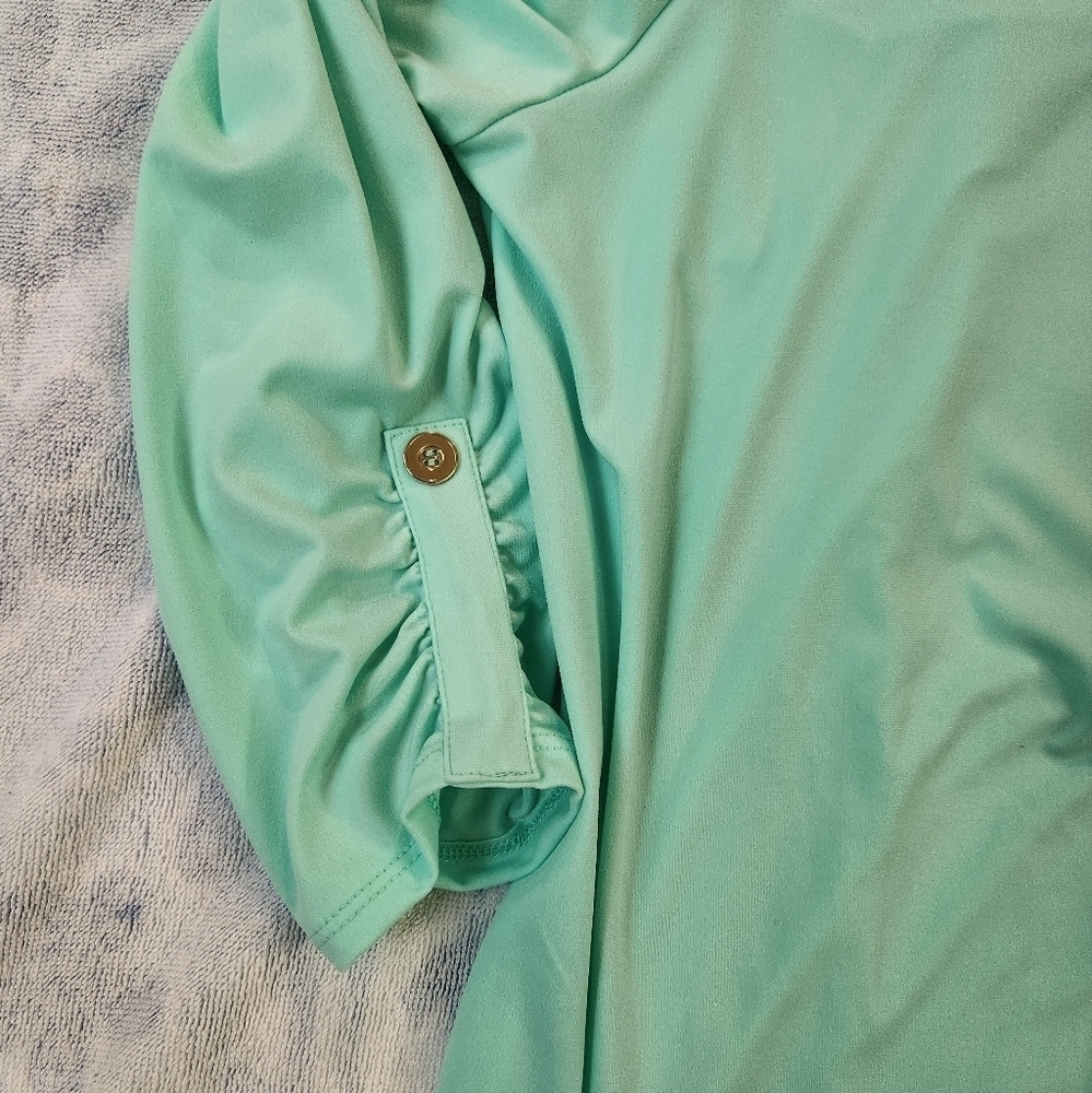 3/$25 Zenana bright pastel seafoam green long sleeve gold zipper blouse size L - Picture 6 of 11